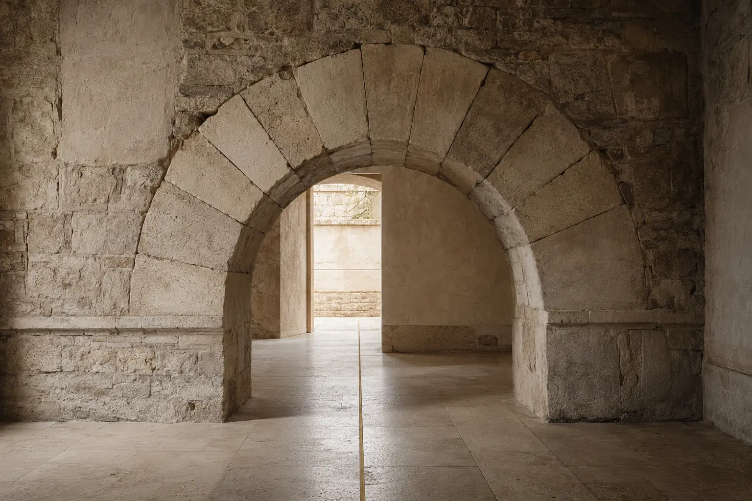 A weathered stone arch whose distinct elements form a structure capable of bearing weight.