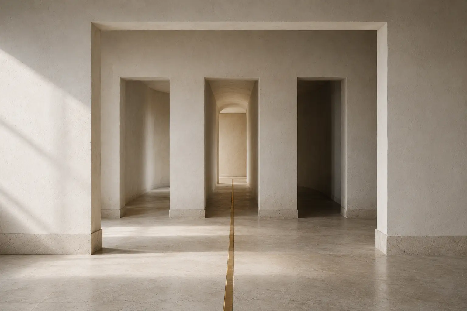 Three pale-stone passages beyond a shared threshold, with a single brass line giving one direction form.