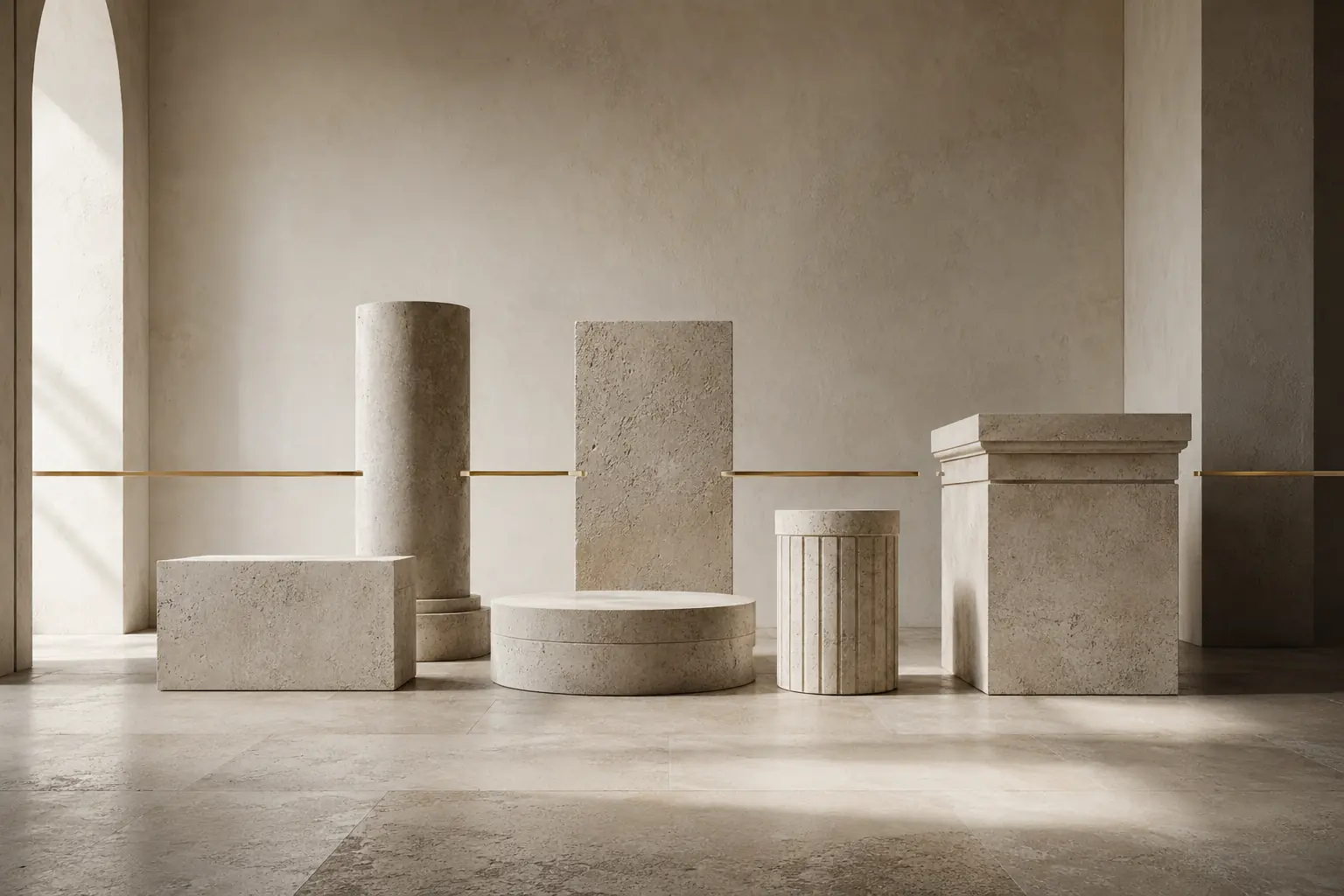 Individually refined stone forms interrupted by a broken brass axis in a quiet architectural interior.
